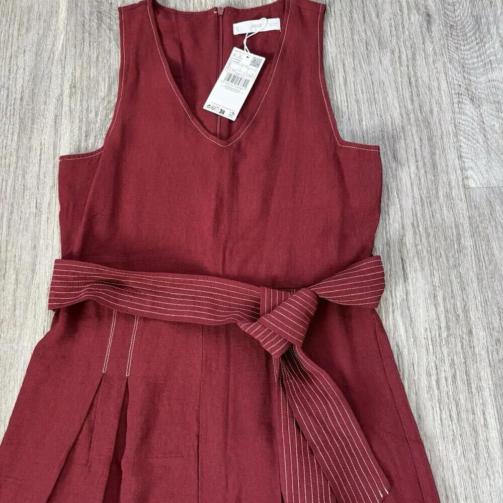 MANGO Women's Burgundy Belted Jumpsuit Small V Neck Viscose S nwt - Picture 3 of 8